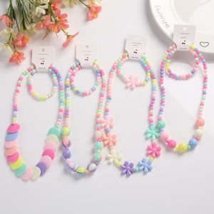 Candy Color Girls Kids Flower Beaded Necklace Bracelet Children Jewelry Set